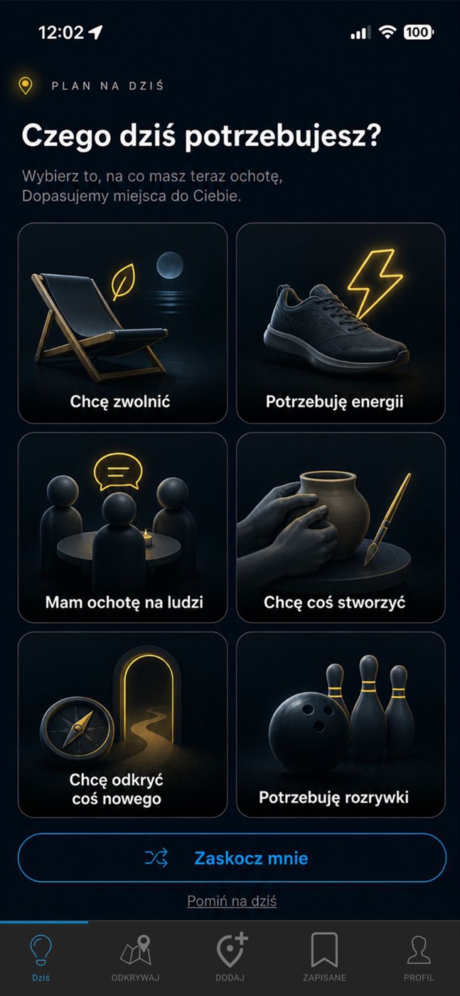 Utibi app screen for choosing a current need and mood